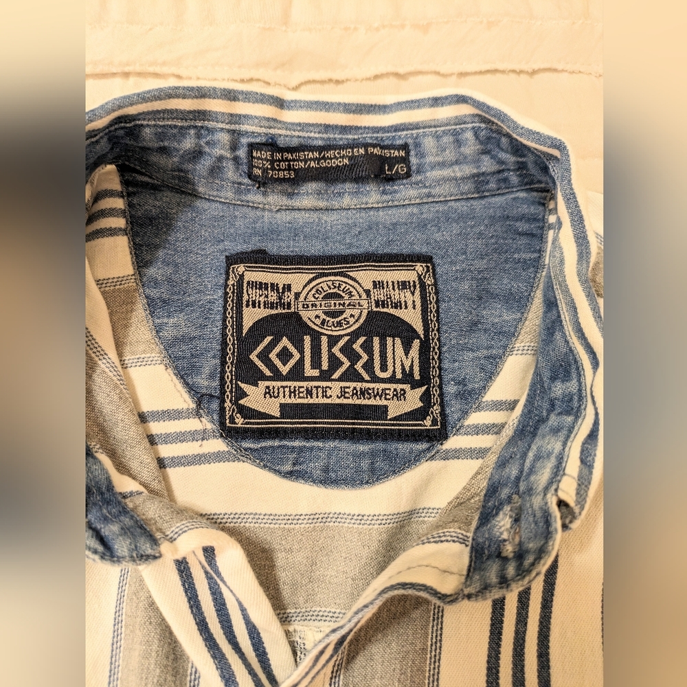 Coliseum Authentic Striped rugged Western Shirt in  White, blue + Gray S…